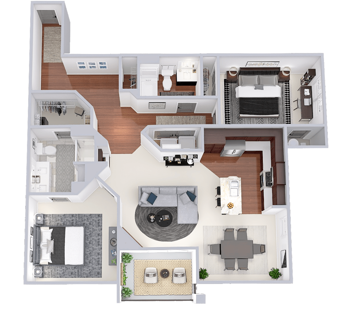 Floor plan for 2 beds, 2 baths, 1299 sqft